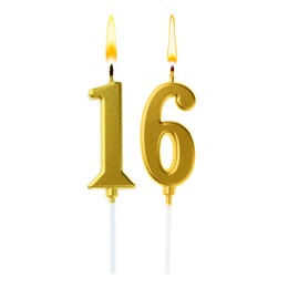 Image of Burning golden cake candles composing number 16 on white background. Festive decoration for birthday or other special date