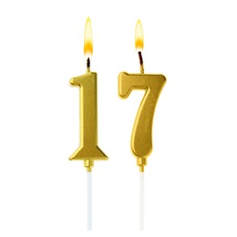 Image of Burning golden cake candles composing number 17 on white background. Festive decoration for birthday or other special date