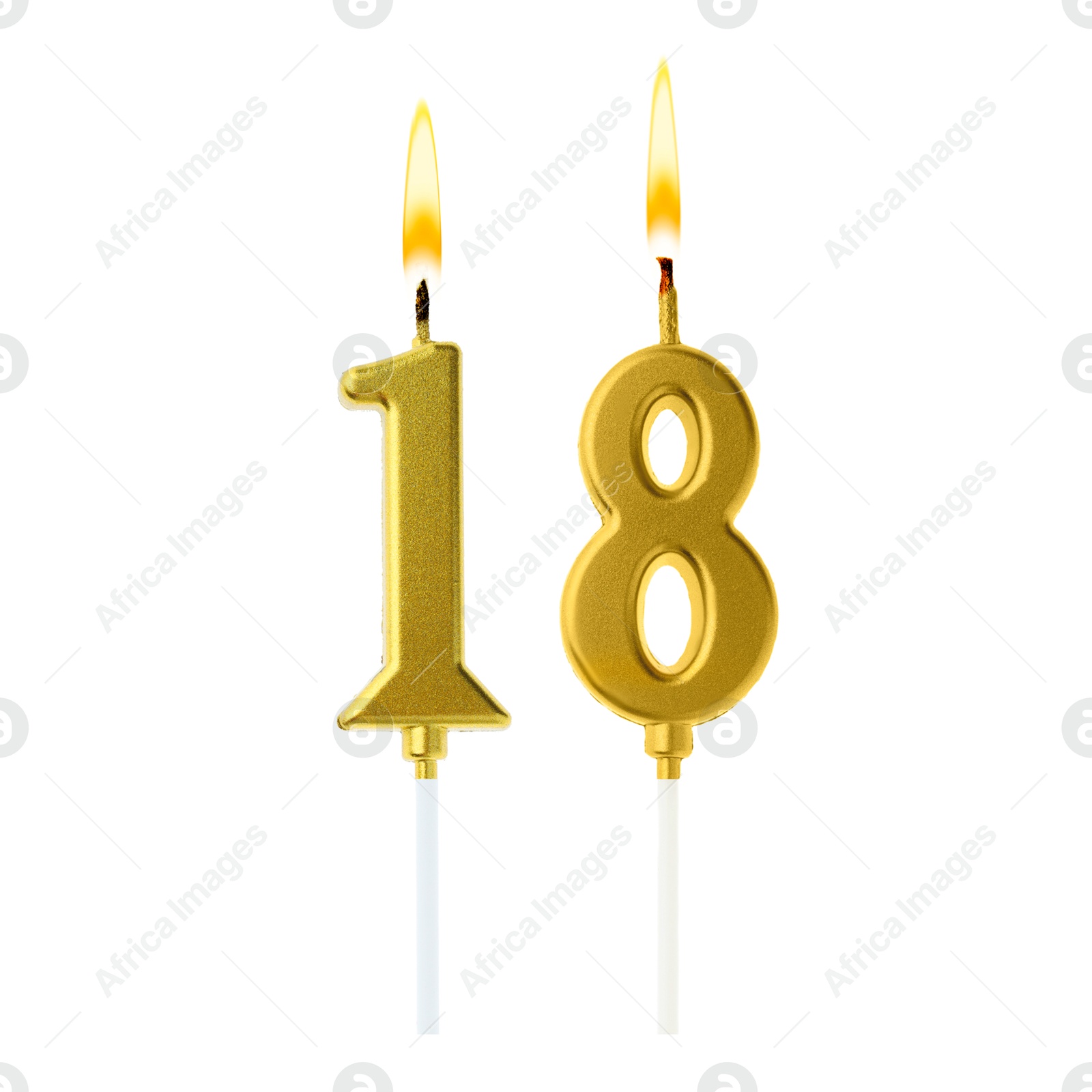 Burning golden cake candles composing number 18 on white background. Festive decoration for birthday or other special date Image of Burning golden cake candles composing number 18 on white background. Festive decoration for birthday or other special date