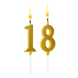 Image of Burning golden cake candles composing number 18 on white background. Festive decoration for birthday or other special date