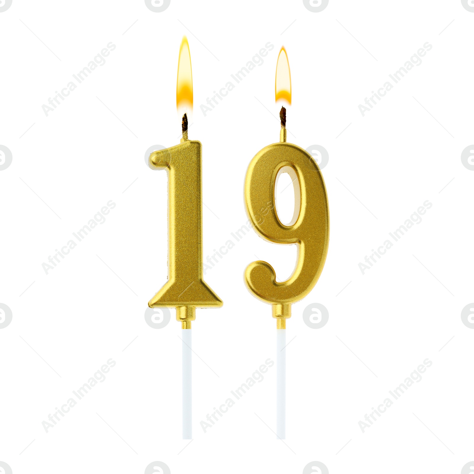 Burning golden cake candles composing number 19 on white background. Festive decoration for birthday or other special date Image of Burning golden cake candles composing number 19 on white background. Festive decoration for birthday or other special date