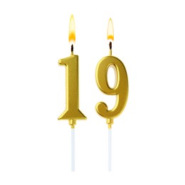 Image of Burning golden cake candles composing number 19 on white background. Festive decoration for birthday or other special date