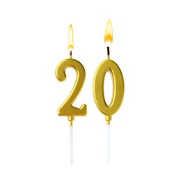 Image of Burning golden cake candles composing number 20 on white background. Festive decoration for birthday or other special date