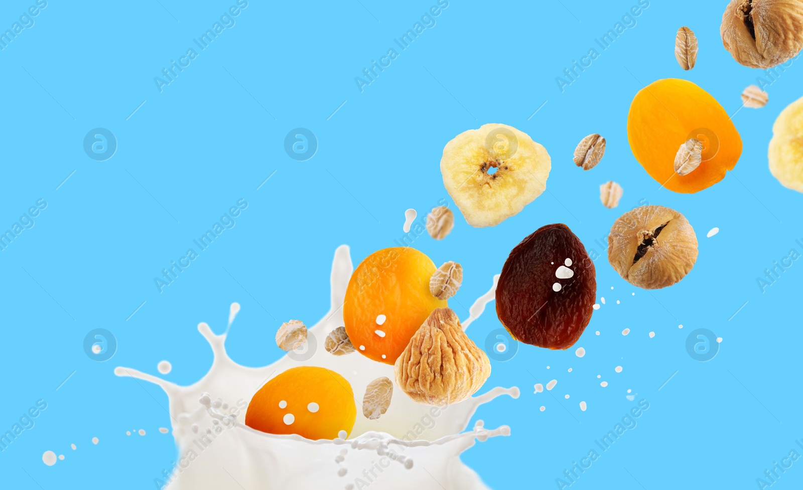 Milk splash with oat flakes and dried fruits in air on light blue background. Banner design Image of Milk splash with oat flakes and dried fruits in air on light blue background. Banner design