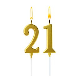 Image of Burning golden cake candles composing number 21 on white background. Festive decoration for birthday or other special date