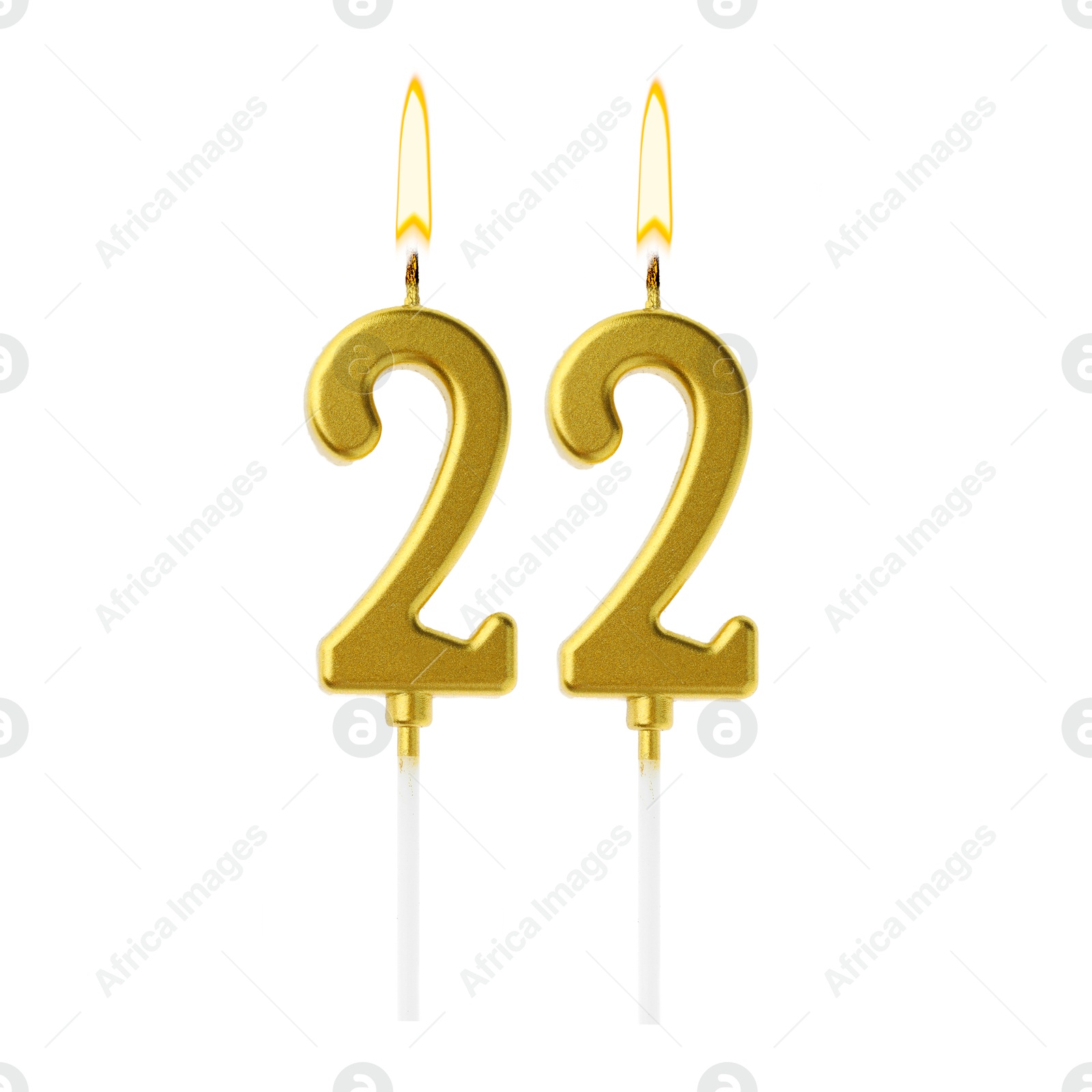 Burning golden cake candles composing number 22 on white background. Festive decoration for birthday or other special date Image of Burning golden cake candles composing number 22 on white background. Festive decoration for birthday or other special date