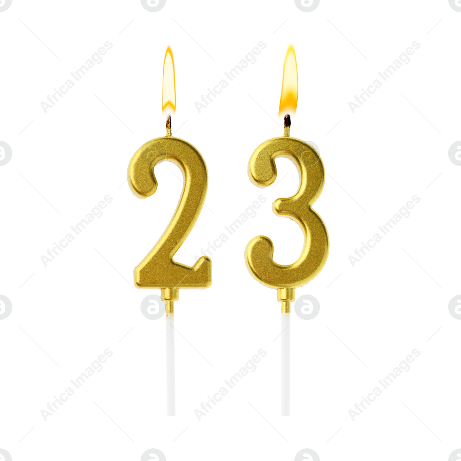 Burning golden cake candles composing number 23 on white background. Festive decoration for birthday or other special date Image of Burning golden cake candles composing number 23 on white background. Festive decoration for birthday or other special date
