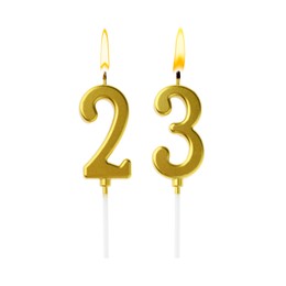 Image of Burning golden cake candles composing number 23 on white background. Festive decoration for birthday or other special date
