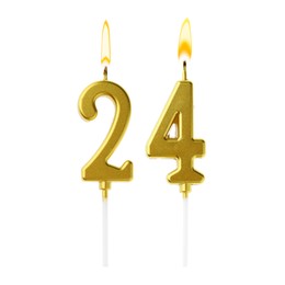 Image of Burning golden cake candles composing number 24 on white background. Festive decoration for birthday or other special date