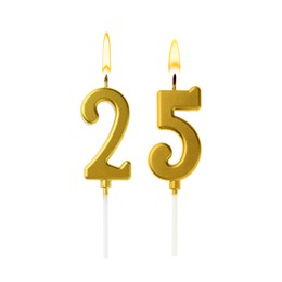 Image of Burning golden cake candles composing number 25 on white background. Festive decoration for birthday or other special date