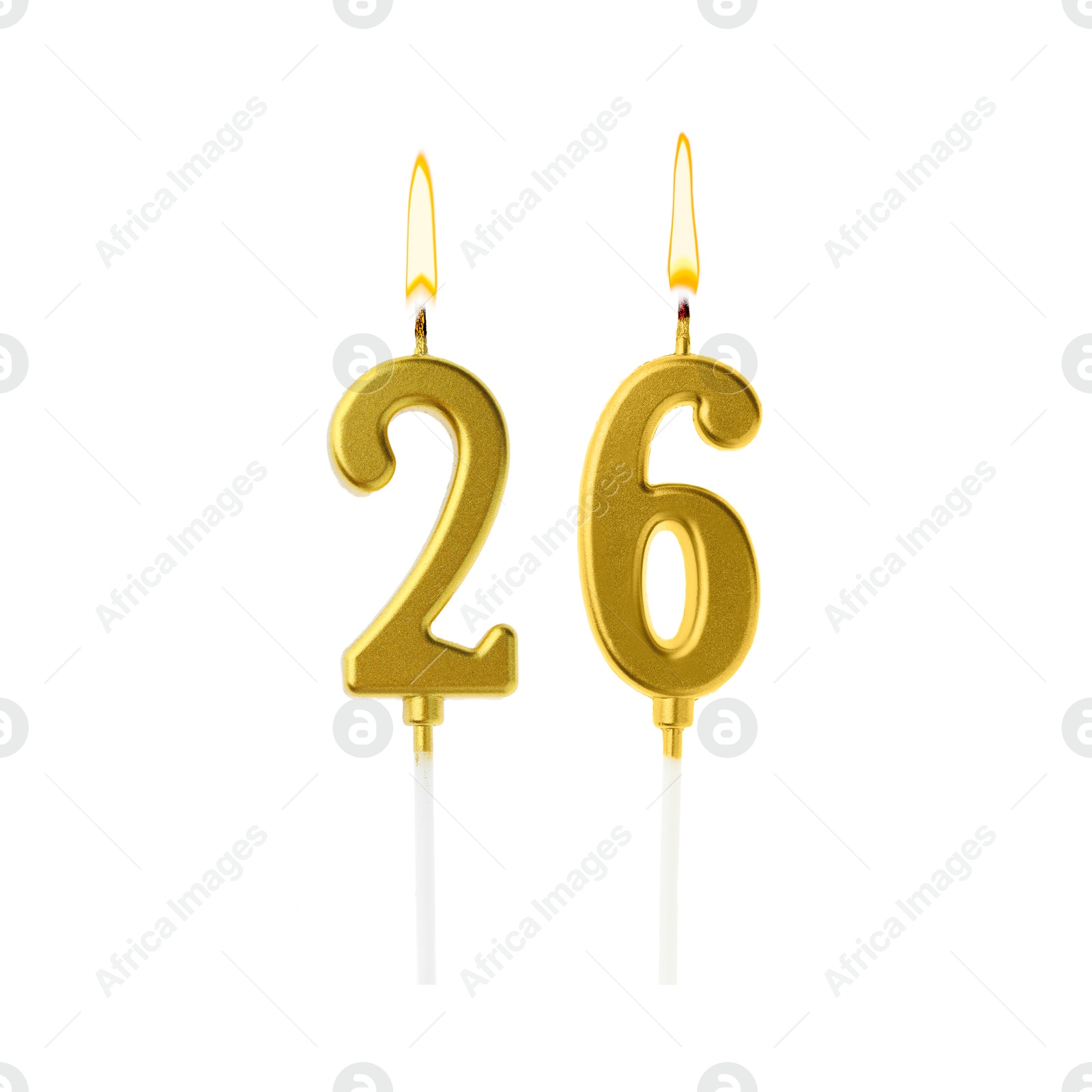 Burning golden cake candles composing number 26 on white background. Festive decoration for birthday or other special date Image of Burning golden cake candles composing number 26 on white background. Festive decoration for birthday or other special date