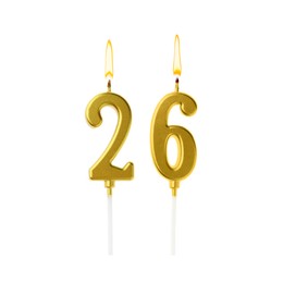 Image of Burning golden cake candles composing number 26 on white background. Festive decoration for birthday or other special date