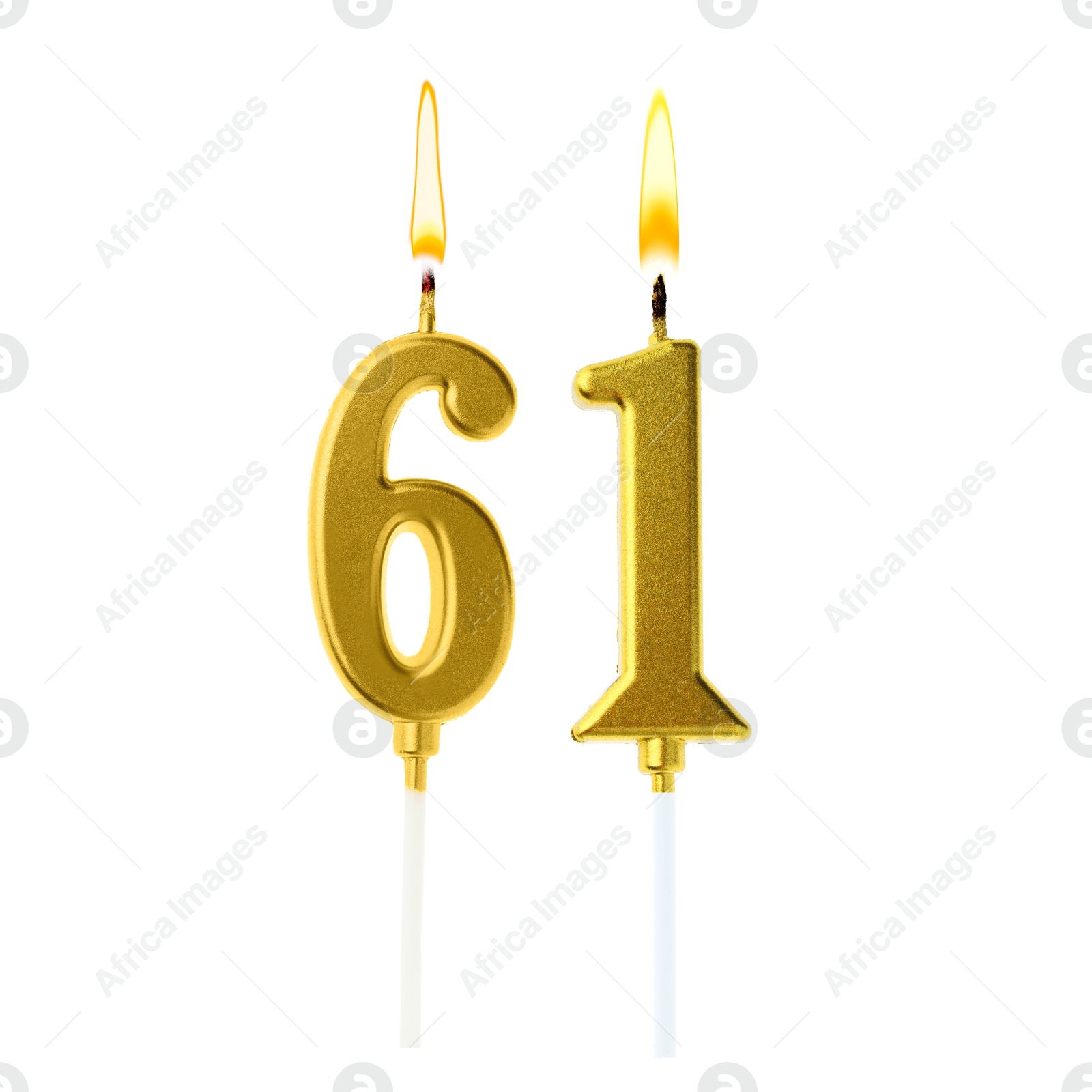 Burning golden cake candles composing number 61 on white background. Festive decoration for birthday or other special date Image of Burning golden cake candles composing number 61 on white background. Festive decoration for birthday or other special date