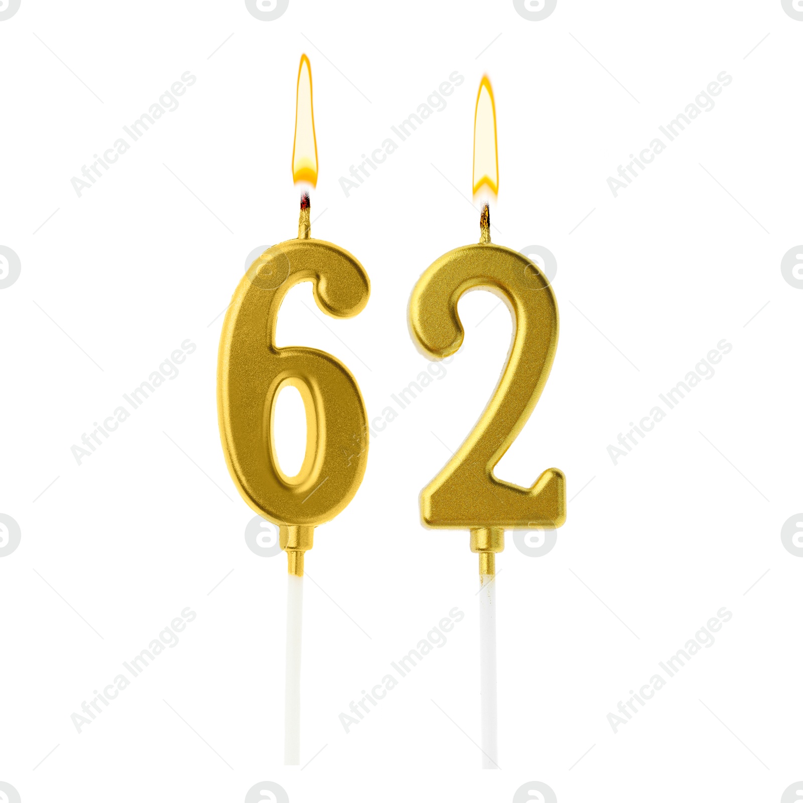 Burning golden cake candles composing number 62 on white background. Festive decoration for birthday or other special date Image of Burning golden cake candles composing number 62 on white background. Festive decoration for birthday or other special date