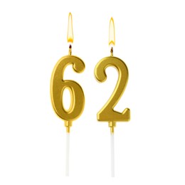 Image of Burning golden cake candles composing number 62 on white background. Festive decoration for birthday or other special date