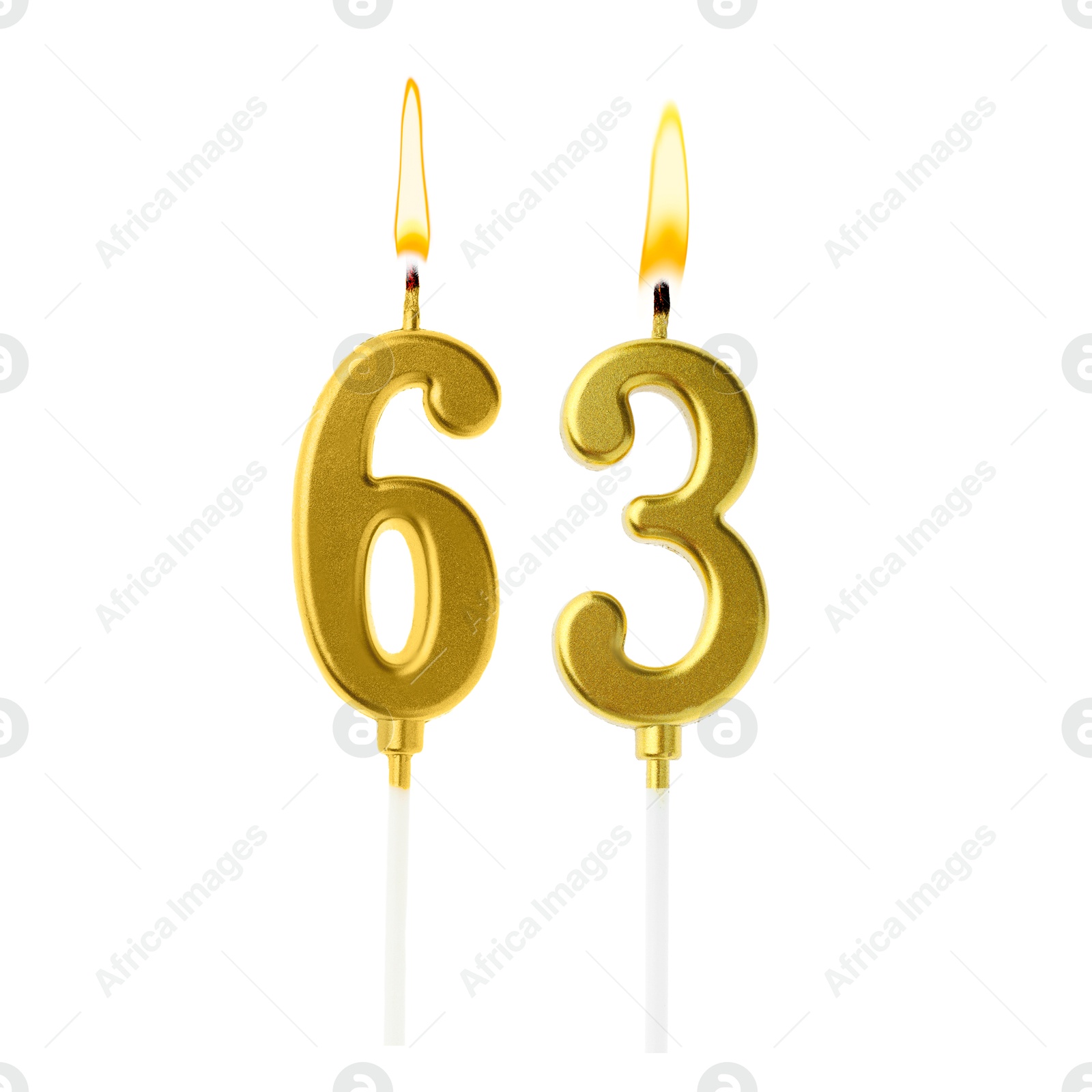 Burning golden cake candles composing number 63 on white background. Festive decoration for birthday or other special date Image of Burning golden cake candles composing number 63 on white background. Festive decoration for birthday or other special date