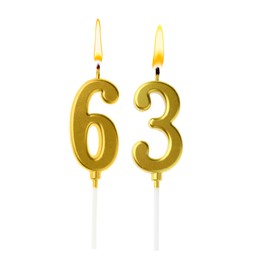 Image of Burning golden cake candles composing number 63 on white background. Festive decoration for birthday or other special date