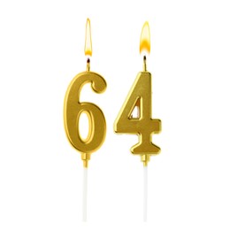 Image of Burning golden cake candles composing number 64 on white background. Festive decoration for birthday or other special date