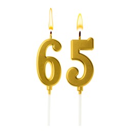 Image of Burning golden cake candles composing number 65 on white background. Festive decoration for birthday or other special date