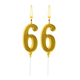 Image of Burning golden cake candles composing number 66 on white background. Festive decoration for birthday or other special date