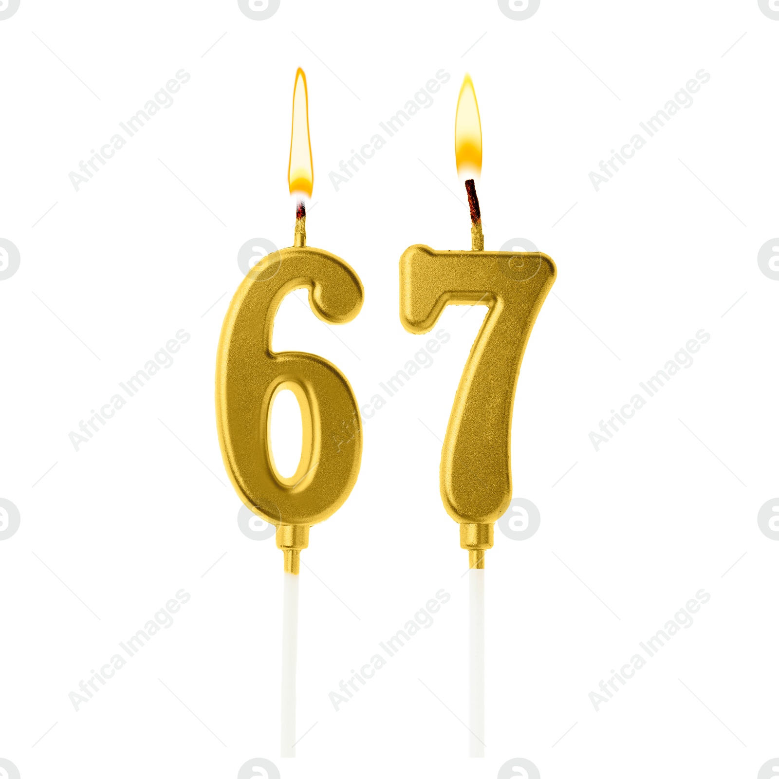 Burning golden cake candles composing number 67 on white background. Festive decoration for birthday or other special date Image of Burning golden cake candles composing number 67 on white background. Festive decoration for birthday or other special date