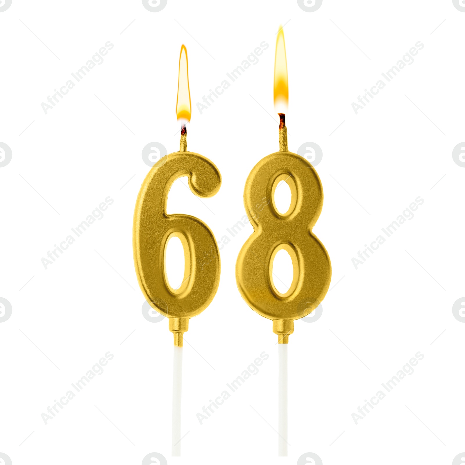 Burning golden cake candles composing number 68 on white background. Festive decoration for birthday or other special date Image of Burning golden cake candles composing number 68 on white background. Festive decoration for birthday or other special date
