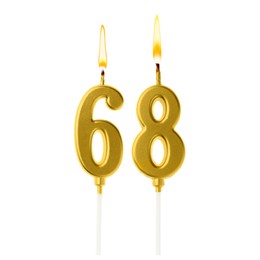 Image of Burning golden cake candles composing number 68 on white background. Festive decoration for birthday or other special date