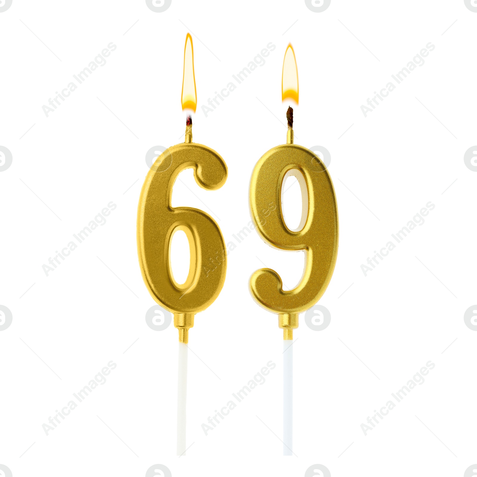 Burning golden cake candles composing number 69 on white background. Festive decoration for birthday or other special date Image of Burning golden cake candles composing number 69 on white background. Festive decoration for birthday or other special date