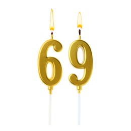 Image of Burning golden cake candles composing number 69 on white background. Festive decoration for birthday or other special date