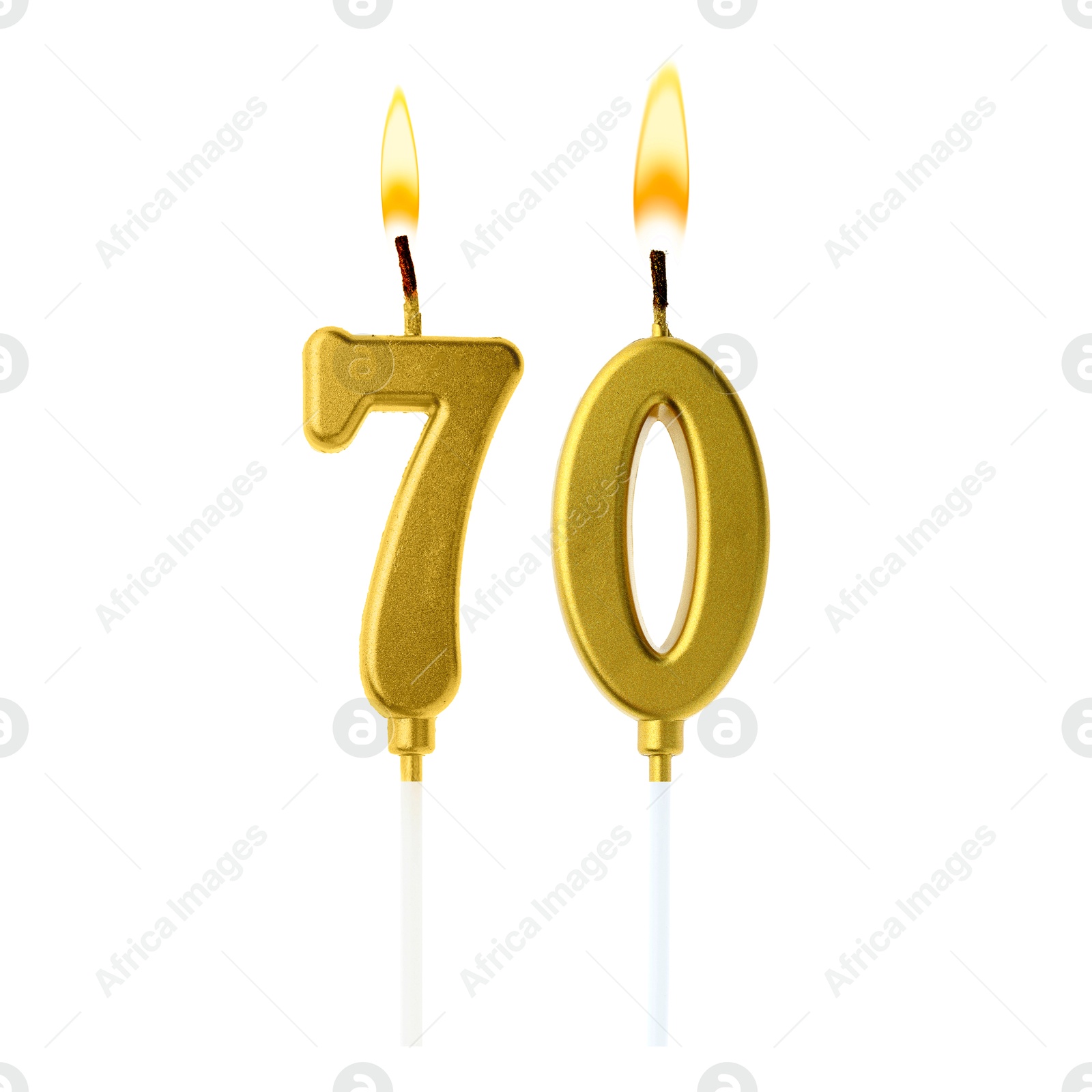 Burning golden cake candles composing number 70 on white background. Festive decoration for birthday or other special date Image of Burning golden cake candles composing number 70 on white background. Festive decoration for birthday or other special date
