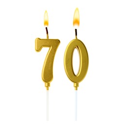 Image of Burning golden cake candles composing number 70 on white background. Festive decoration for birthday or other special date