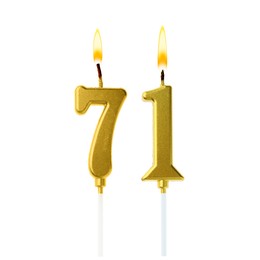 Image of Burning golden cake candles composing number 71 on white background. Festive decoration for birthday or other special date