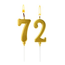 Image of Burning golden cake candles composing number 72 on white background. Festive decoration for birthday or other special date