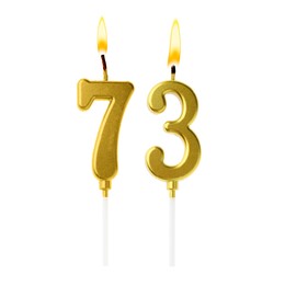 Image of Burning golden cake candles composing number 73 on white background. Festive decoration for birthday or other special date