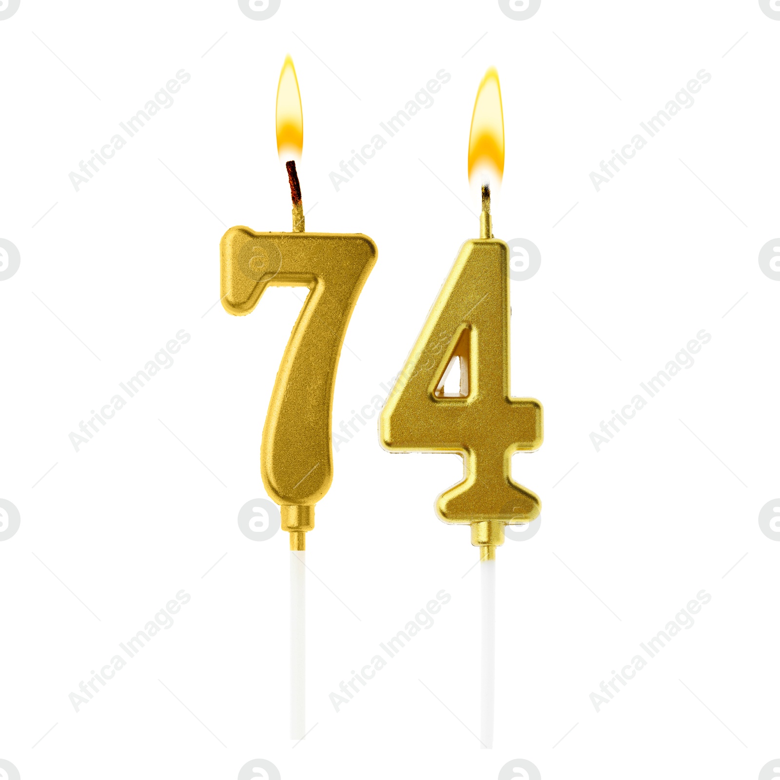 Burning golden cake candles composing number 74 on white background. Festive decoration for birthday or other special date Image of Burning golden cake candles composing number 74 on white background. Festive decoration for birthday or other special date