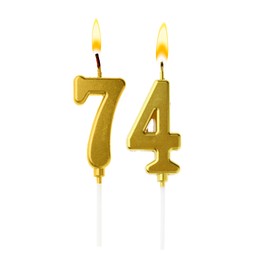 Image of Burning golden cake candles composing number 74 on white background. Festive decoration for birthday or other special date