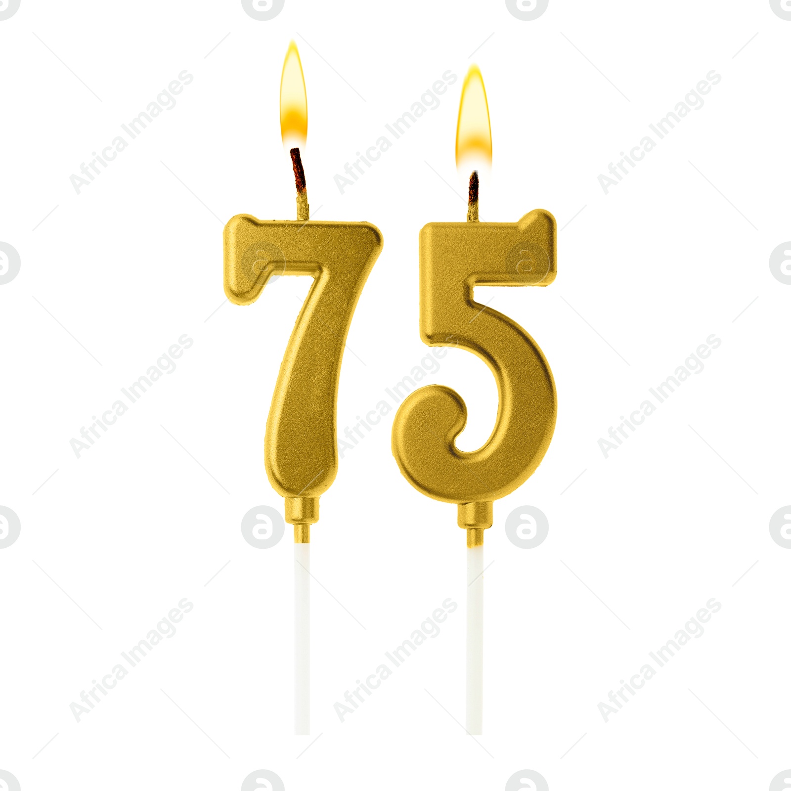 Burning golden cake candles composing number 75 on white background. Festive decoration for birthday or other special date Image of Burning golden cake candles composing number 75 on white background. Festive decoration for birthday or other special date