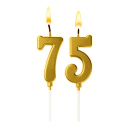 Image of Burning golden cake candles composing number 75 on white background. Festive decoration for birthday or other special date