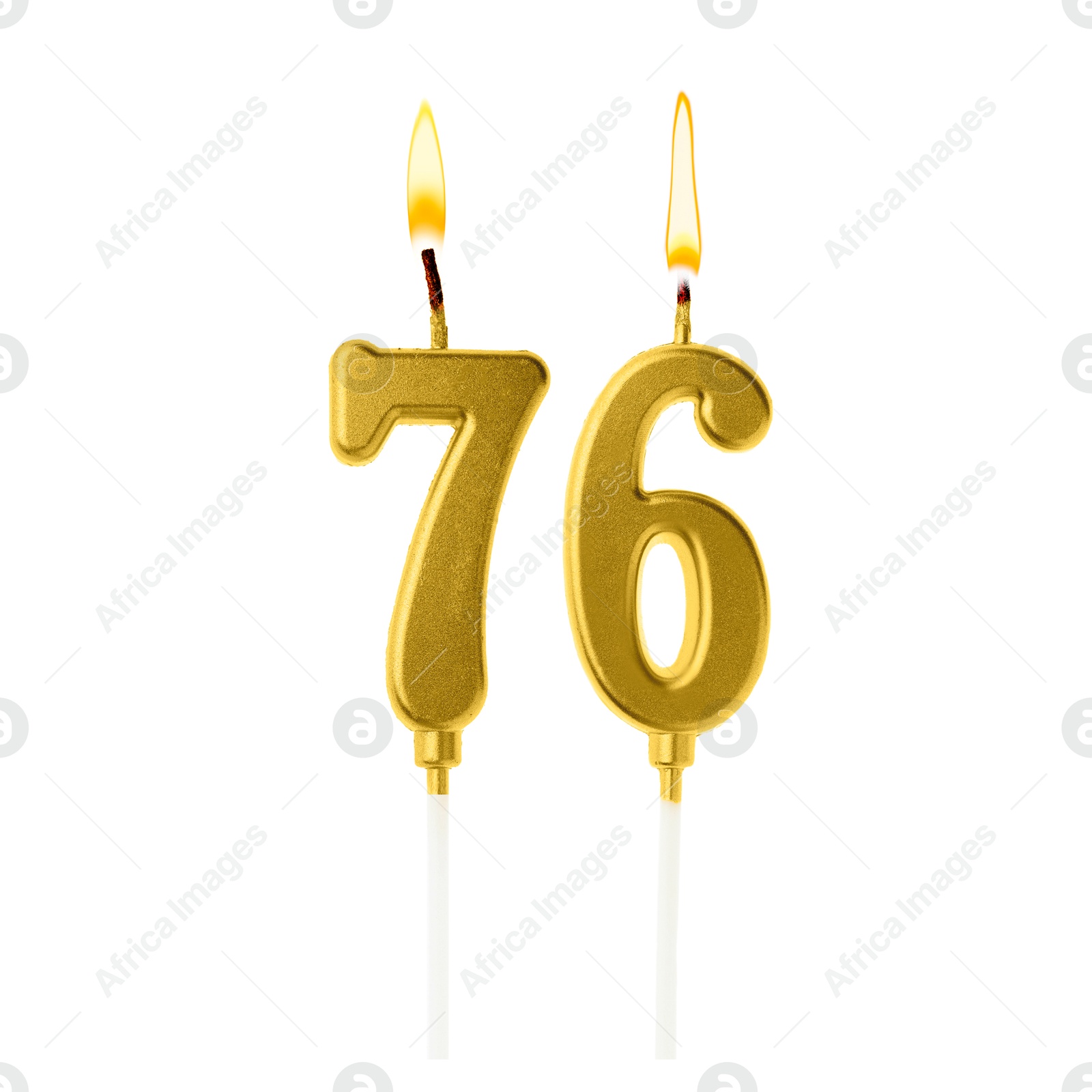 Burning golden cake candles composing number 76 on white background. Festive decoration for birthday or other special date Image of Burning golden cake candles composing number 76 on white background. Festive decoration for birthday or other special date