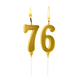Image of Burning golden cake candles composing number 76 on white background. Festive decoration for birthday or other special date