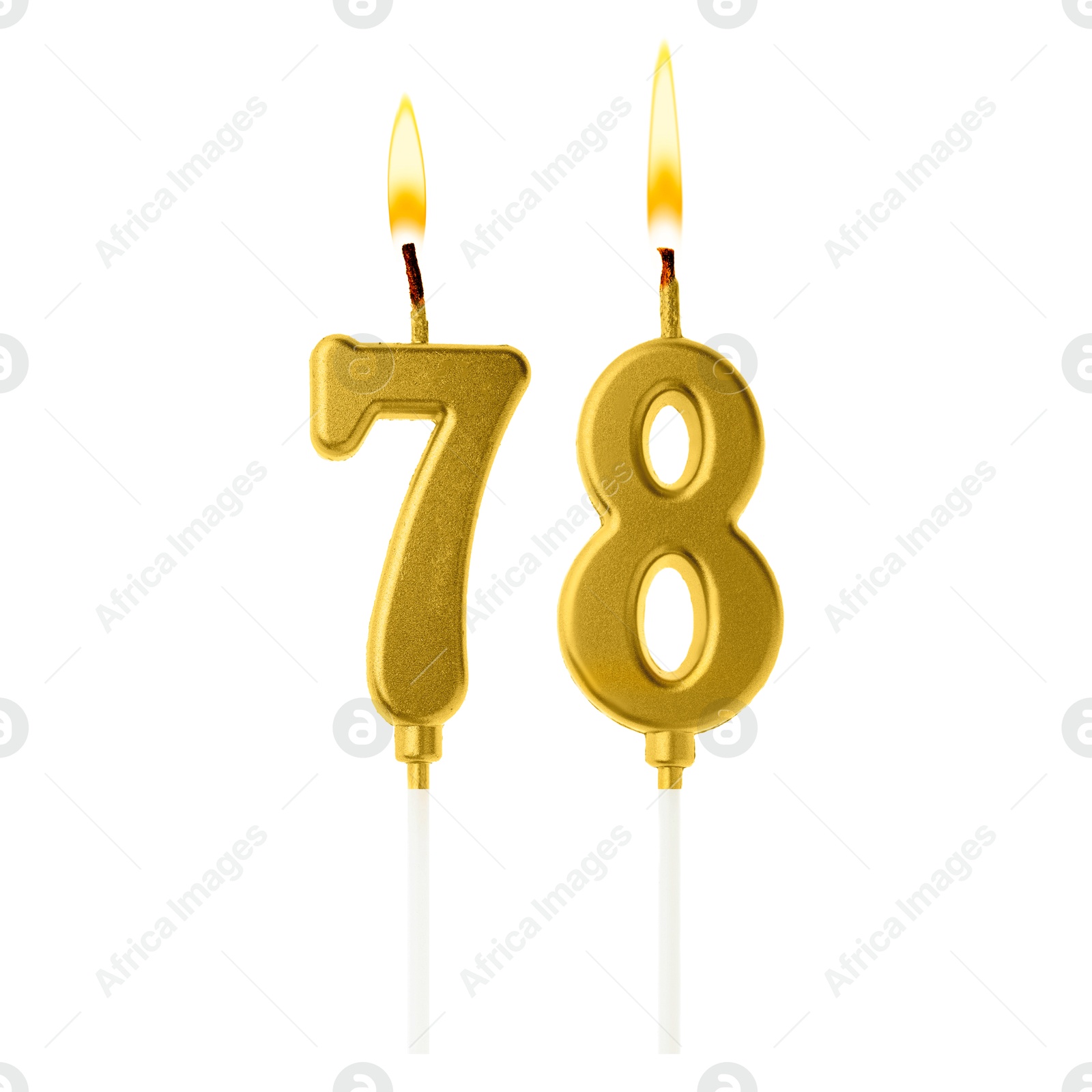 Burning golden cake candles composing number 78 on white background. Festive decoration for birthday or other special date Image of Burning golden cake candles composing number 78 on white background. Festive decoration for birthday or other special date