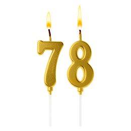 Image of Burning golden cake candles composing number 78 on white background. Festive decoration for birthday or other special date