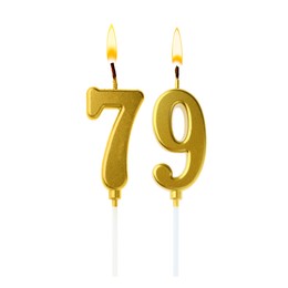 Image of Burning golden cake candles composing number 79 on white background. Festive decoration for birthday or other special date