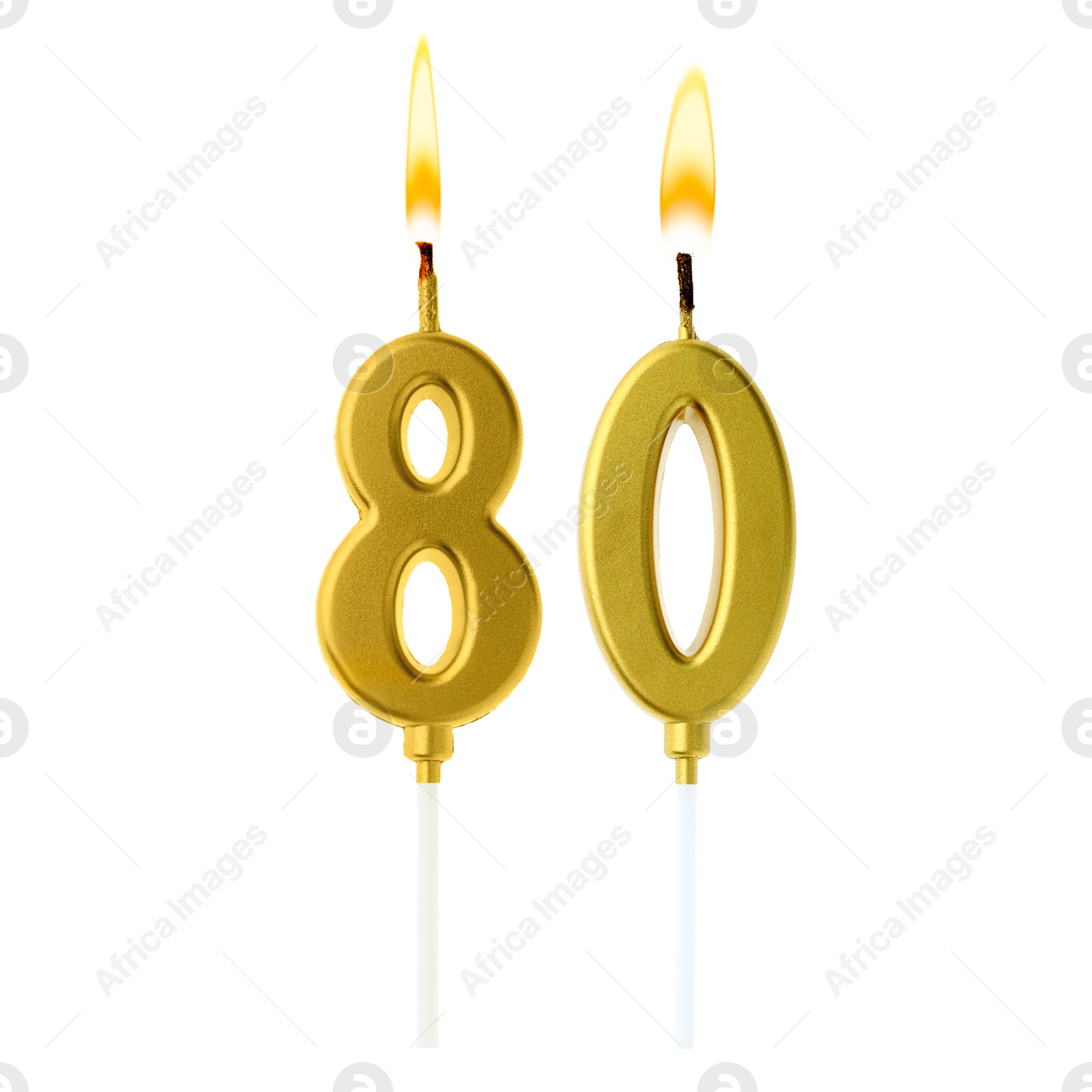 Burning golden cake candles composing number 80 on white background. Festive decoration for birthday or other special date Image of Burning golden cake candles composing number 80 on white background. Festive decoration for birthday or other special date