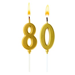 Image of Burning golden cake candles composing number 80 on white background. Festive decoration for birthday or other special date
