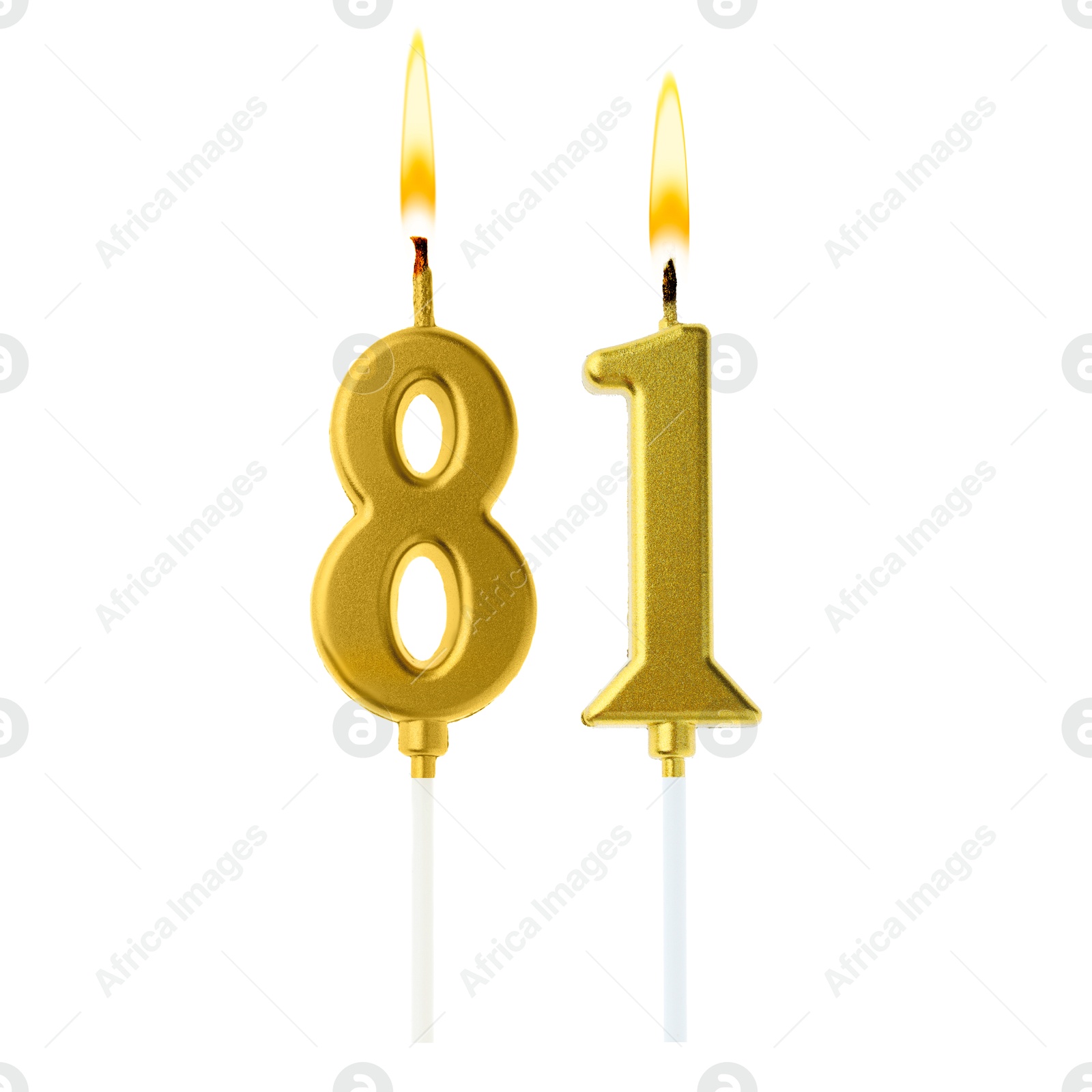 Burning golden cake candles composing number 81 on white background. Festive decoration for birthday or other special date Image of Burning golden cake candles composing number 81 on white background. Festive decoration for birthday or other special date