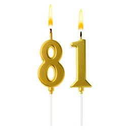 Image of Burning golden cake candles composing number 81 on white background. Festive decoration for birthday or other special date