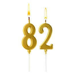Image of Burning golden cake candles composing number 82 on white background. Festive decoration for birthday or other special date