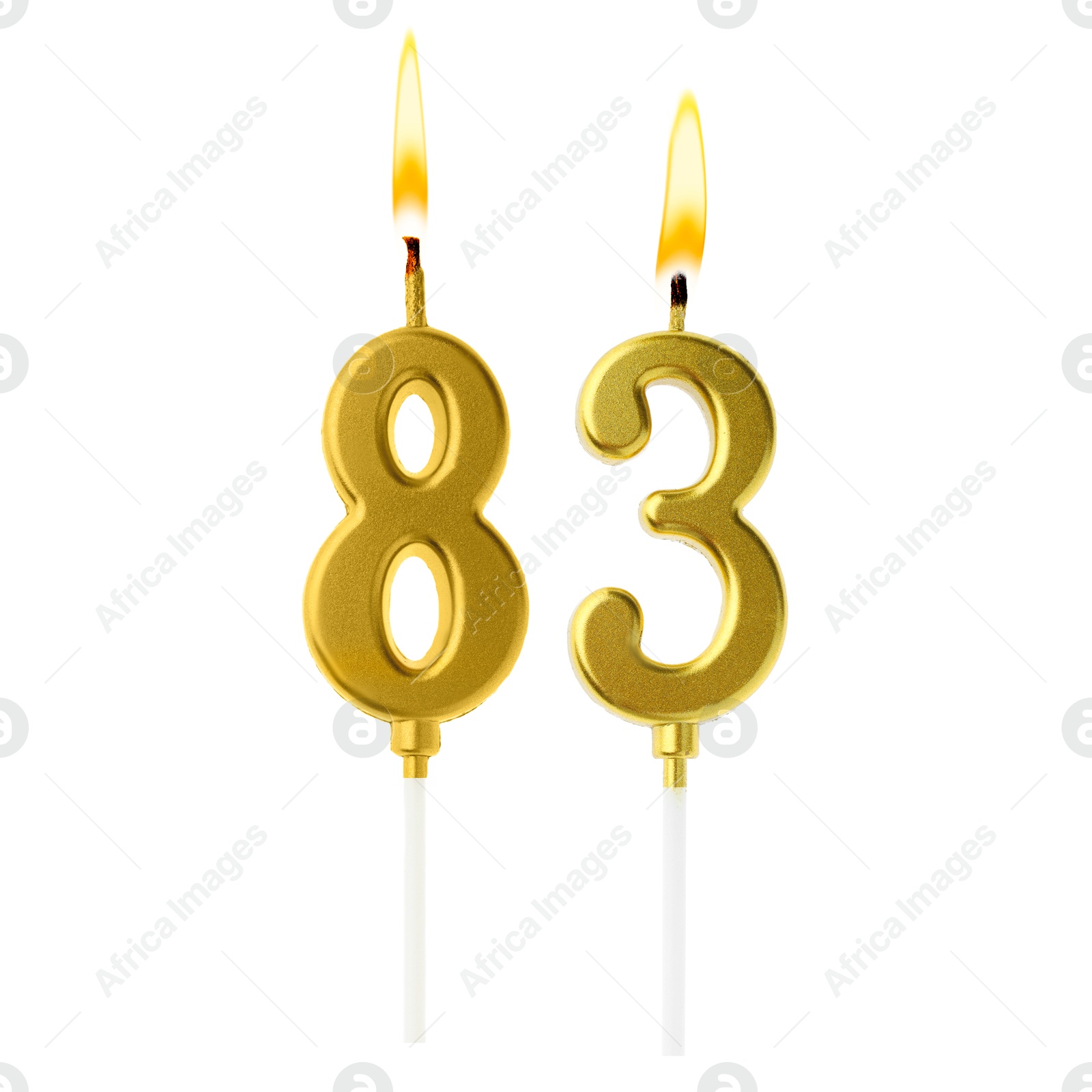 Burning golden cake candles composing number 83 on white background. Festive decoration for birthday or other special date Image of Burning golden cake candles composing number 83 on white background. Festive decoration for birthday or other special date