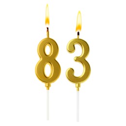 Image of Burning golden cake candles composing number 83 on white background. Festive decoration for birthday or other special date